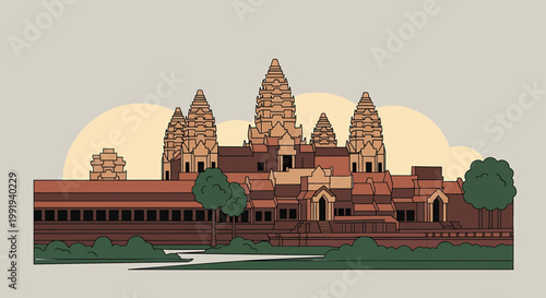 Angkor Wat, ancient temple, Cambodian architecture, vector illustration, travel landmark, cultural icon