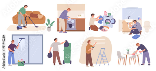 Men house chore. Guy cleans up rooms, vacuuming carpet, loads washing machine, does repairs, takes out trash, handyman, everyday home cleaning routine garish vector cartoon isolated set