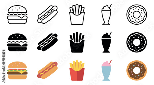 Fast food icons set featuring burgers, hot dogs, french fries, milkshakes, and donuts in various styles for menu design and digital applications.