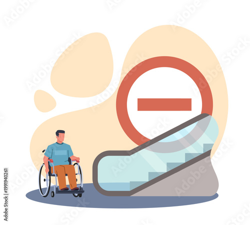 Infringement of people with disabilities. No ramp, technical means that make life easier, wheelchair user by blocked escalator, mobility barriers in a public building vector cartoon concept