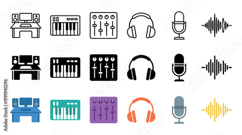 Music production audio sound recording equipment icons in various styles for creative digital media projects and professional studio needs.