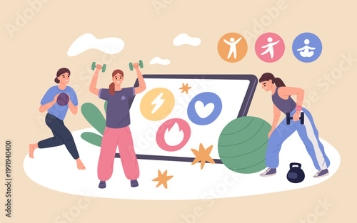 Fitness training app people. Girls in sportswear, improving body and life quality, workout platform, online service, healthy lifestyle management garish vector cartoon isolated concept