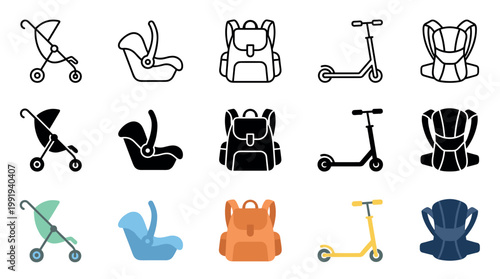 Baby and child transportation gear icons collection featuring strollers, car seats, backpacks, scooters, and carriers in various styles.