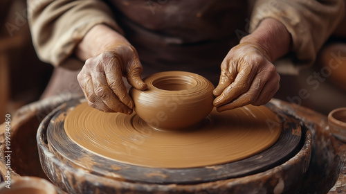 Focused Male Potter Shaping Clay Bowl on Pottery Wheel in Warm Studio