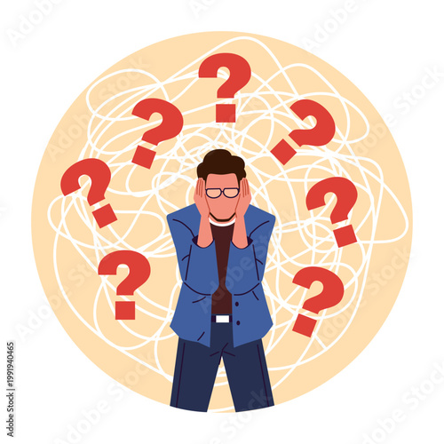 Finding solution to problem. Social noise, confused man holding his ears, unraveling puzzle, question marks, searching process and frustration, psychology help vector cartoon flat concept