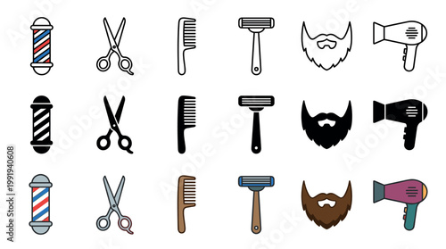 Barbershop and grooming tools icons collection featuring various styles for hair care, styling, shaving, and professional salon services.