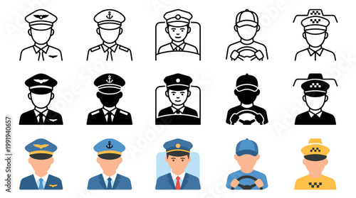 Professional avatar icons representing various transportation and service occupations in different visual styles including outline, solid, and flat design.