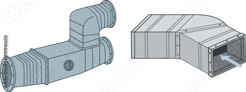 Vector illustration of HVAC duct components including round and rectangular duct sections with elbow connections, representing ventilation system parts.