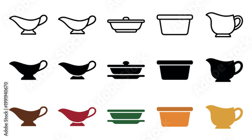 Different types of serving dishes, including gravy boats and lidded bowls, are illustrated as a comprehensive set of icons in multiple design styles.