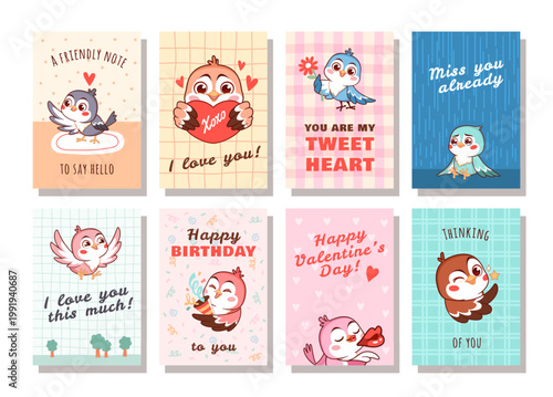 Cute birds cards. Funny banners with little sparrow characters, congratulations, confessions and wishes, feathered mascot, poster or print template design, tidy vector cartoon isolated set