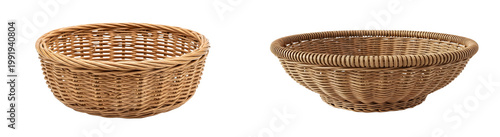 Round Wicker Baskets and Woven Rattan Bowls Set; Natural Willow Storage Containers for Fruit, Bread, and Home Decor Isolated on White Background for Interior Product Design.