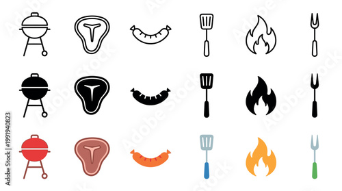 Barbecue grilling icons set showcasing a collection of essential tools, delicious food items, and fire elements for a perfect outdoor cooking experience.