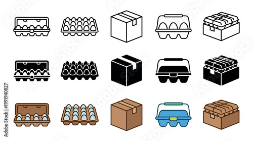 Various egg cartons, boxes, and carriers are displayed in different styles, representing food packaging, delivery, and storage concepts.