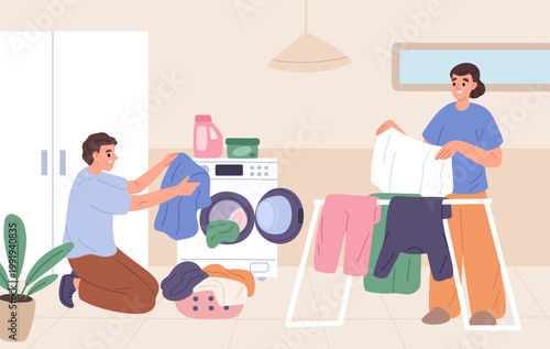 Couple house chore. Husband and wife engaged in everyday life, washing, hanging clothes together, mutual assistance, everyday household routine, garish vector cartoon laundry concept