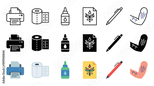 Comprehensive collection of diverse icons representing various concepts like printing, medical treatment, and creative design in outline, solid, and colored styles.