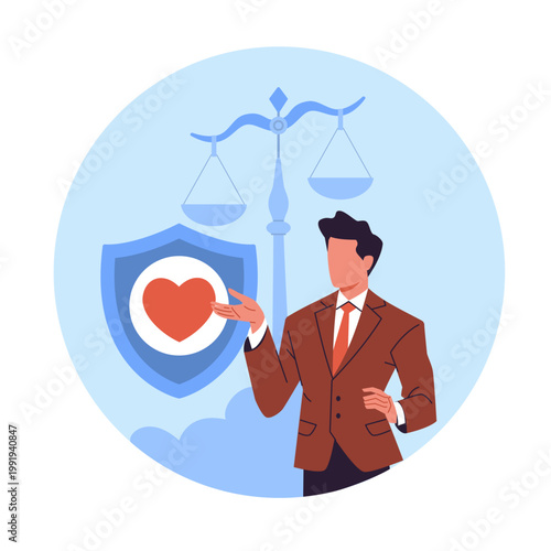 Core corporate value. Honesty, ethics, keeping promises, protection of interests, lawyer with justice symbols, client protection, trust in legal services vector cartoon isolated concept