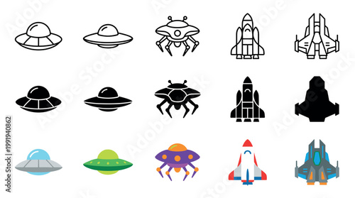 Various alien spacecraft and futuristic rockets are depicted in a collection of outline, solid, and colorful vector icons for science fiction themes.