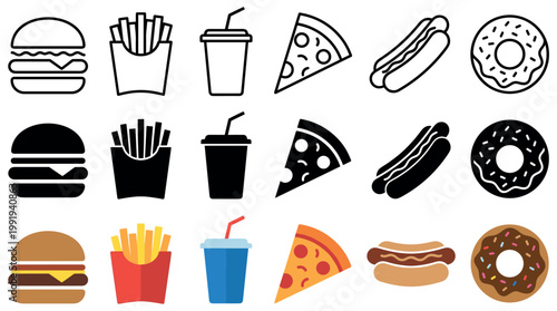 Fast food icons collection featuring various popular items like burgers, fries, pizza, hot dogs, donuts, and soda in different design styles.