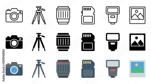 Photography equipment icons set in various styles, including outline, solid, and colored versions, representing essential tools for capturing images.
