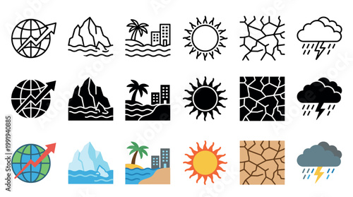 Climate change icons illustrating critical environmental issues such as global warming, melting ice, coastal development, intense heat, severe drought, and extreme weather patterns.