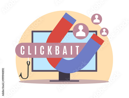 Clickbait online content. Large magnet attracts new users, followers and views, traffic expansion, attraction on screen, computer with magnet, traffic manipulation, vector cartoon concept