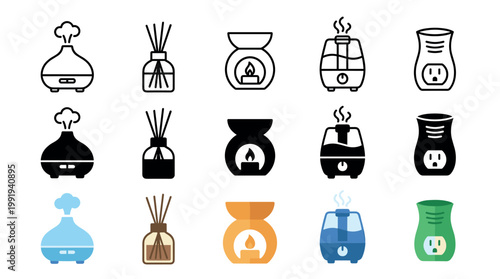 Home fragrance and air quality devices icon set featuring various aromatherapy diffusers, humidifiers, and air fresheners in outline, solid, and color styles for modern living.