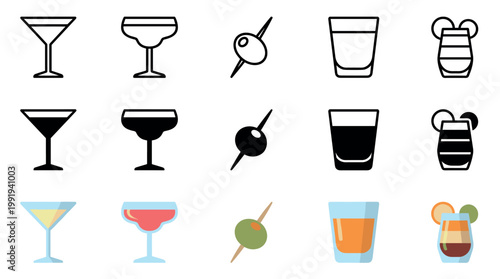 Cocktail drink glass icons and accessories are displayed in various styles including outline, solid, and colorful illustrations, perfect for beverage-related designs.