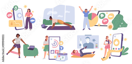 Calorie counting app people. Wellness online technology, video tutorials with exercises, daily menu, personal diet plan tracking digital healthy lifestyle garish vector cartoon isolated set