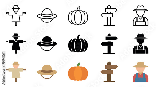 Farming and autumn themed icons collection featuring scarecrows, pumpkins, hats, signposts, and farmers in outline, solid, and colored styles.