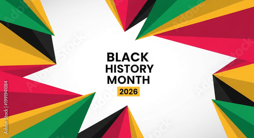 Geometric composition with red, black, yellow, green triangles, surrounding 