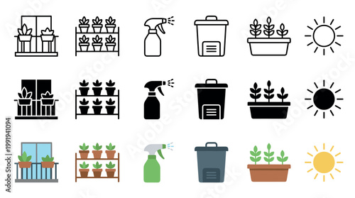 Gardening icons set with various tools and elements for plant care, including potted plants, spray bottle, and sun in different styles.