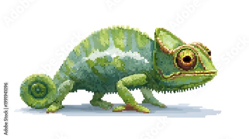 Cute Green Baby Chameleon Pixel Art Standing on White Background