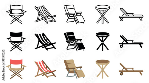 Outdoor furniture icons set featuring various chairs, loungers, and a small table in outline, solid, and flat color styles for design projects.