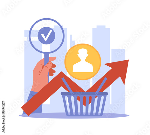 Analysis of consumer trends. Forecasting of demand, real estate market research, secondary housing, shopping basket with rising arrow, sales growth sign, vector cartoon isolated concept