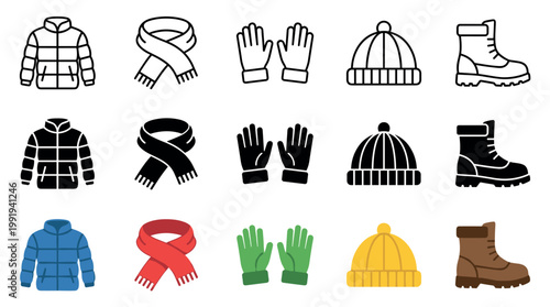 Winter clothing icons set featuring various cold weather apparel items like jackets, scarves, gloves, hats, and boots in outline, solid, and colored styles.