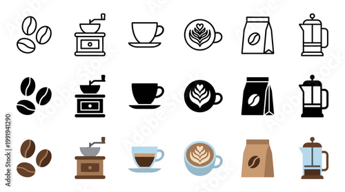 Coffee icons collection featuring beans, grinder, cup, latte art, coffee bag, and French press, presented in outline, solid, and colored styles.