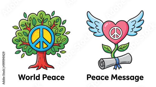 Vector graphic illustration of Vibrant Peace Symbols Tree and Heart with Wings Vector Illustration for World Peace Day and Harmony Concepts Vector