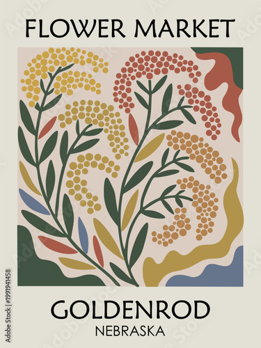 Vibrant floral design with goldenrod blooms and leaves. Retro poster style evokes market charm and rustic beauty. Colorful abstract forms suggest autumnal abundance. Ideal for farm, garden