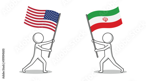 Vector graphic illustration of American and Iranian flags stick figure illustration, USA vs Iran diplomacy, international relations vector EPS Vector