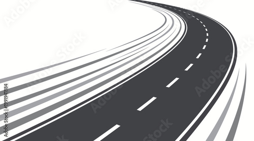 Perspective view of a curved highway with guardrails and dashed lane markings, conveying motion and modern roadway design