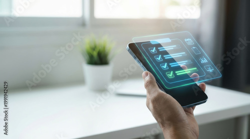 Hand smartphone checklist task app interface technology mobile planning productivity digital task checklist app interface smartphone hand near bright window showing organized planning