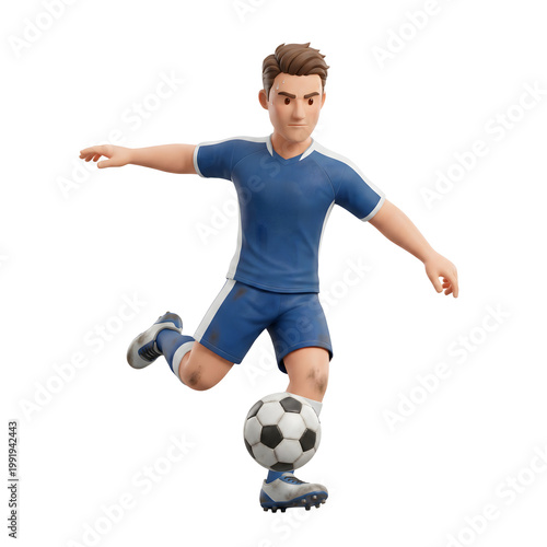 3D Illustrated Character Soccer Player in Blue Uniform Kicks Football for Sports, Fitness, and Competition Themes