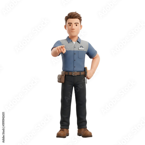 Friendly 3D Cartoon Character in Work Uniform Points Forward with Confidence and a Welcoming Expression