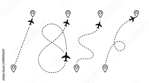 Whimsical illustration of multiple airplanes tracing dotted flight paths to destination pins, representing travel routes and journeys