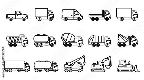 Collection of line-art vector icons featuring diverse trucks and construction vehicles in outline style for transportation, logistics, and industrial design projects.