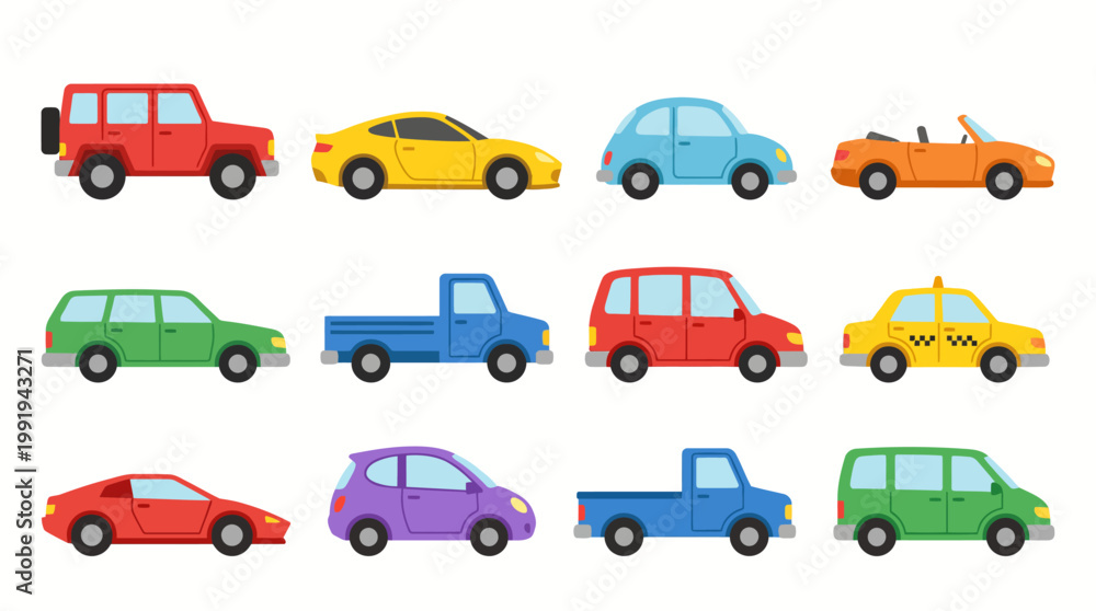 Fototapeta premium Colorful collection of toy cars on a white background, a playful assortment of miniature vehicles for kids, learning, and design projects