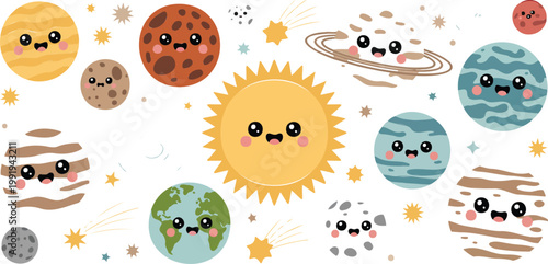 Cute Kawaii Solar System Vector Set Featuring Happy Cartoon Sun Planets Earth Saturn Mars Venus and Stars for Kids Education