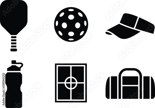 Pickleball equipment paddle, wiffle ball, visor, water bottle, court and duffle bag