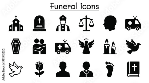 Vector graphic illustration of Funeral icons set, black silhouette symbols for memorial, burial, and mourning, EPS vector graphics Vector