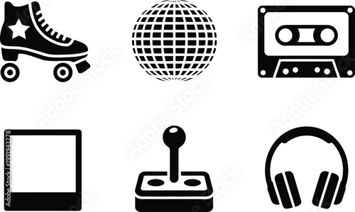 Set of retro featuring roller skate, disco ball, cassette tape, polaroid, joystick, headset